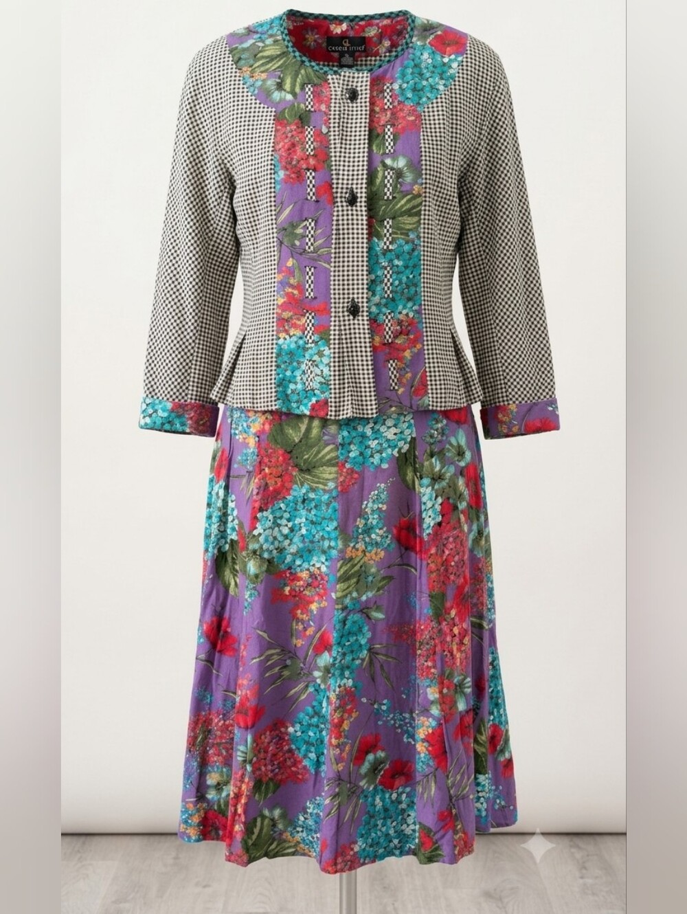 Carole Little Vintage 80s "Art To Wear" Houndstooth Floral 2-piece Skirt Set M